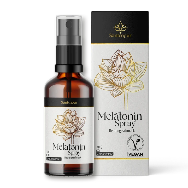 Santenour Melatonin-Spray mit Beerengeschmack – Sprühflasche und Verpackung