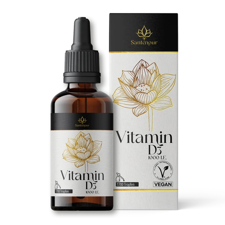 Santenour Vitamin D3 Tropfen 1000 I.E. – Pipettenflasche und Verpackung
